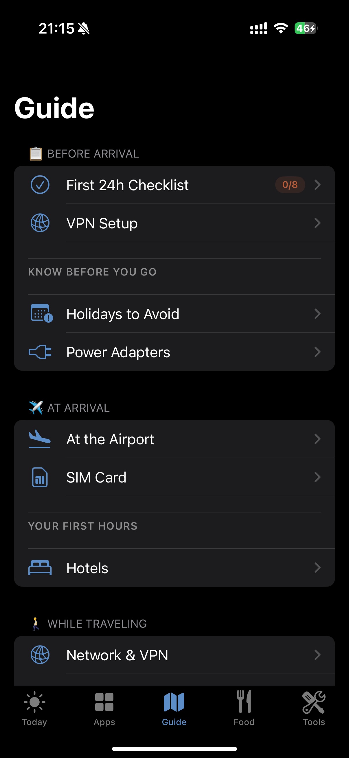 Moxie China Guide tab with arrival preparation checklist
