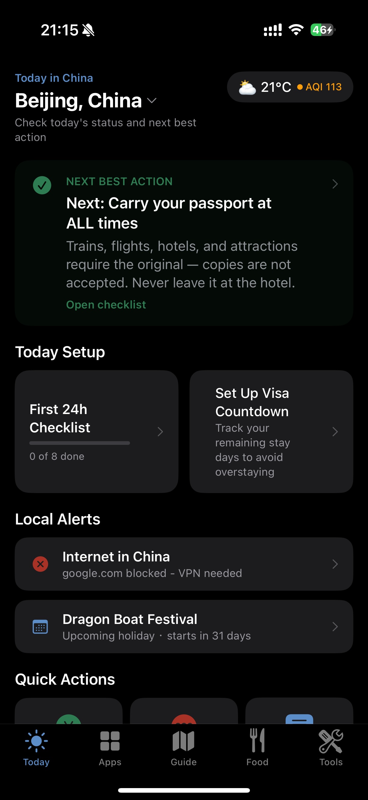 Moxie China Today tab with weather, AQI, and travel tools